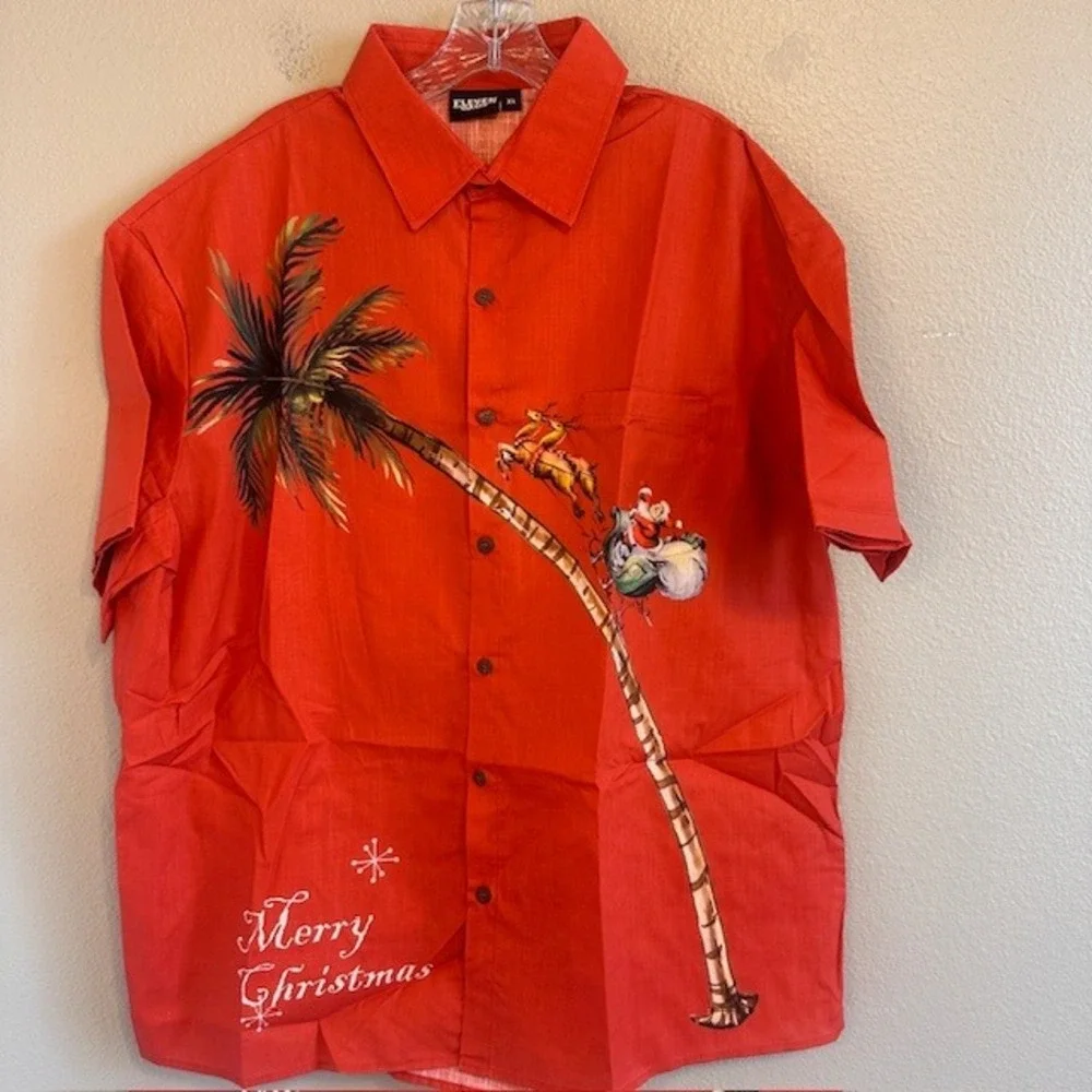 Eleven Oasis Men's Red Merry Christmas Santa Palm Tree Button Up Cotton Shirt XL